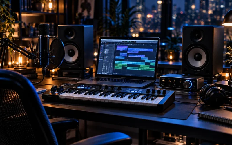 Home studio avec ordinateur portable, clavier MIDI, interface audio, micro et enceintes de monitoring