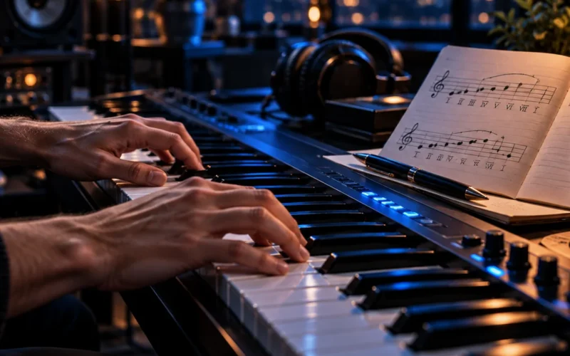 Mains jouant une gamme sur un clavier, partition posée sur le pupitre