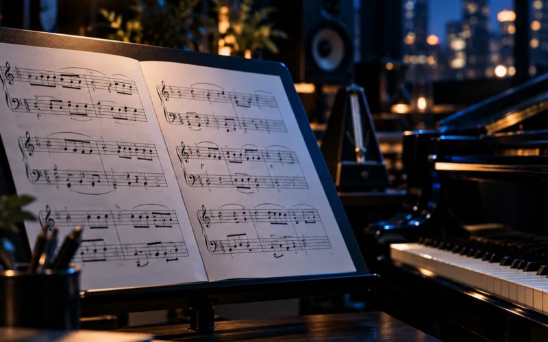 Partition ouverte sur un pupitre à côté d’un piano, dans un studio la nuit