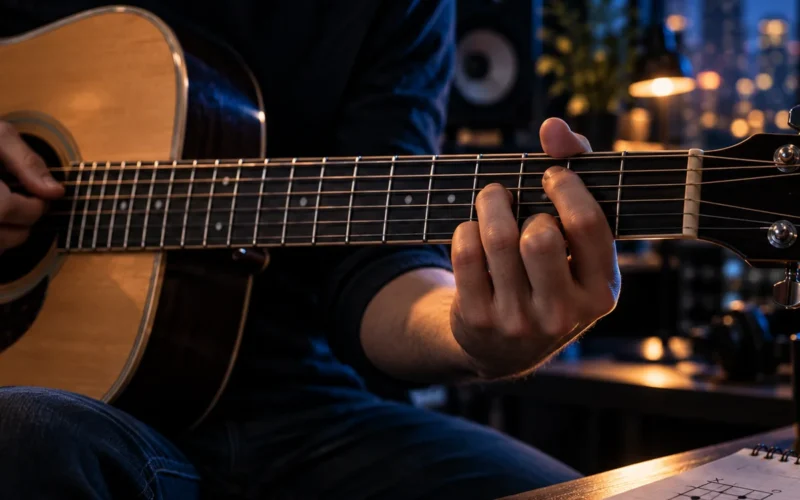 Main formant un accord sur le manche d’une guitare folk