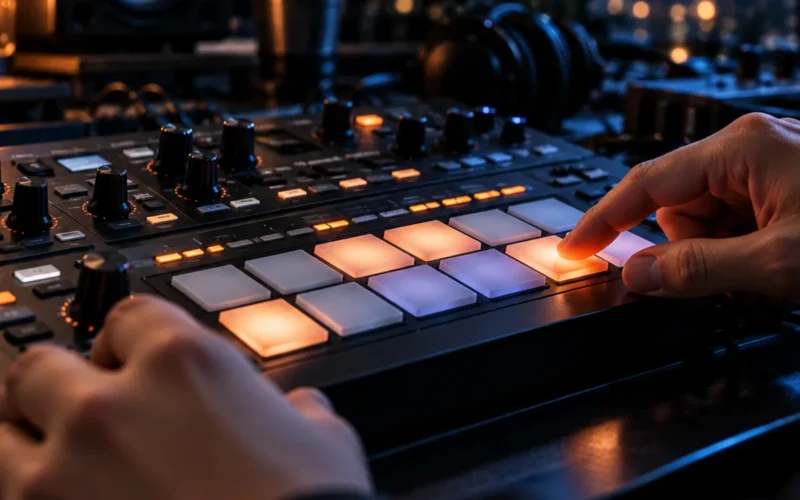Mains programmant un rythme sur les pads lumineux d’une boîte à rythmes