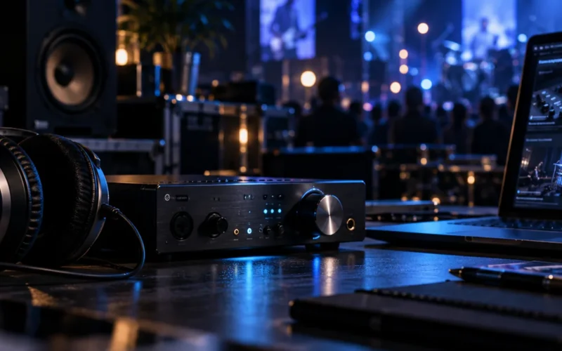 Interface audio de bureau, casque et amplificateur dans un studio