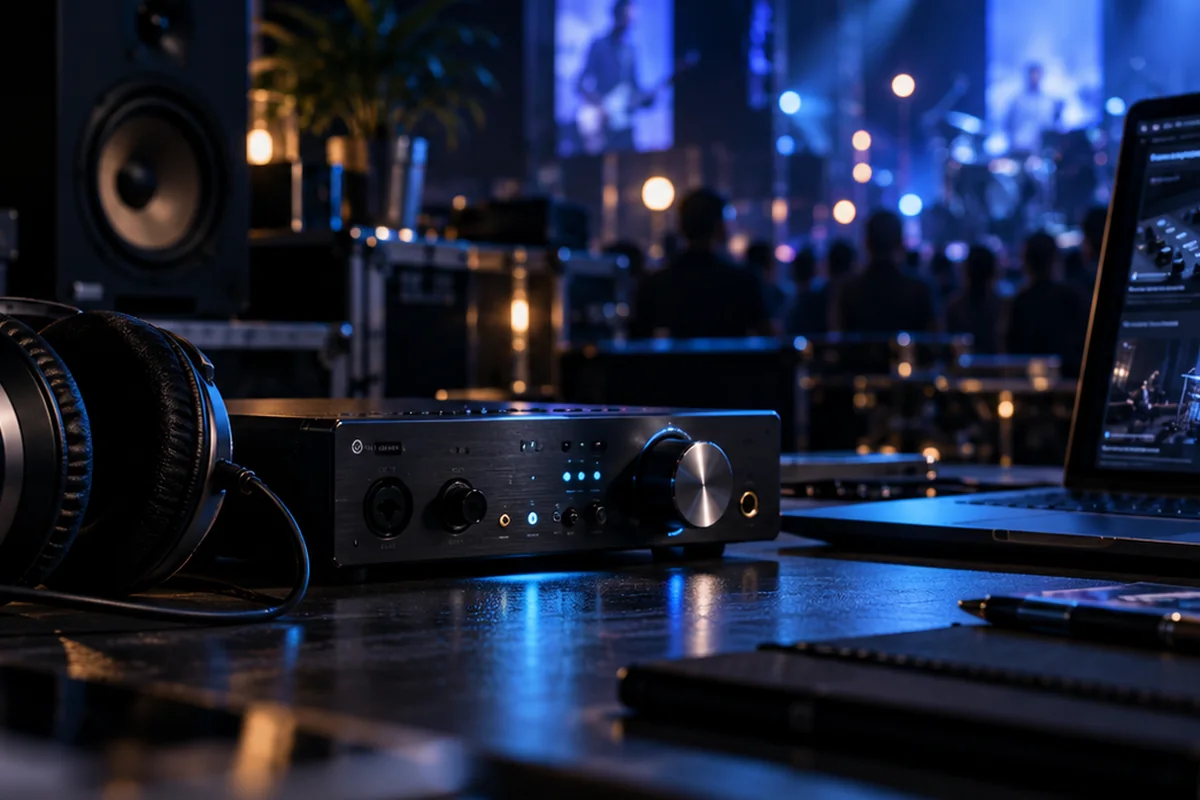 Interface audio de bureau, casque et amplificateur dans un studio