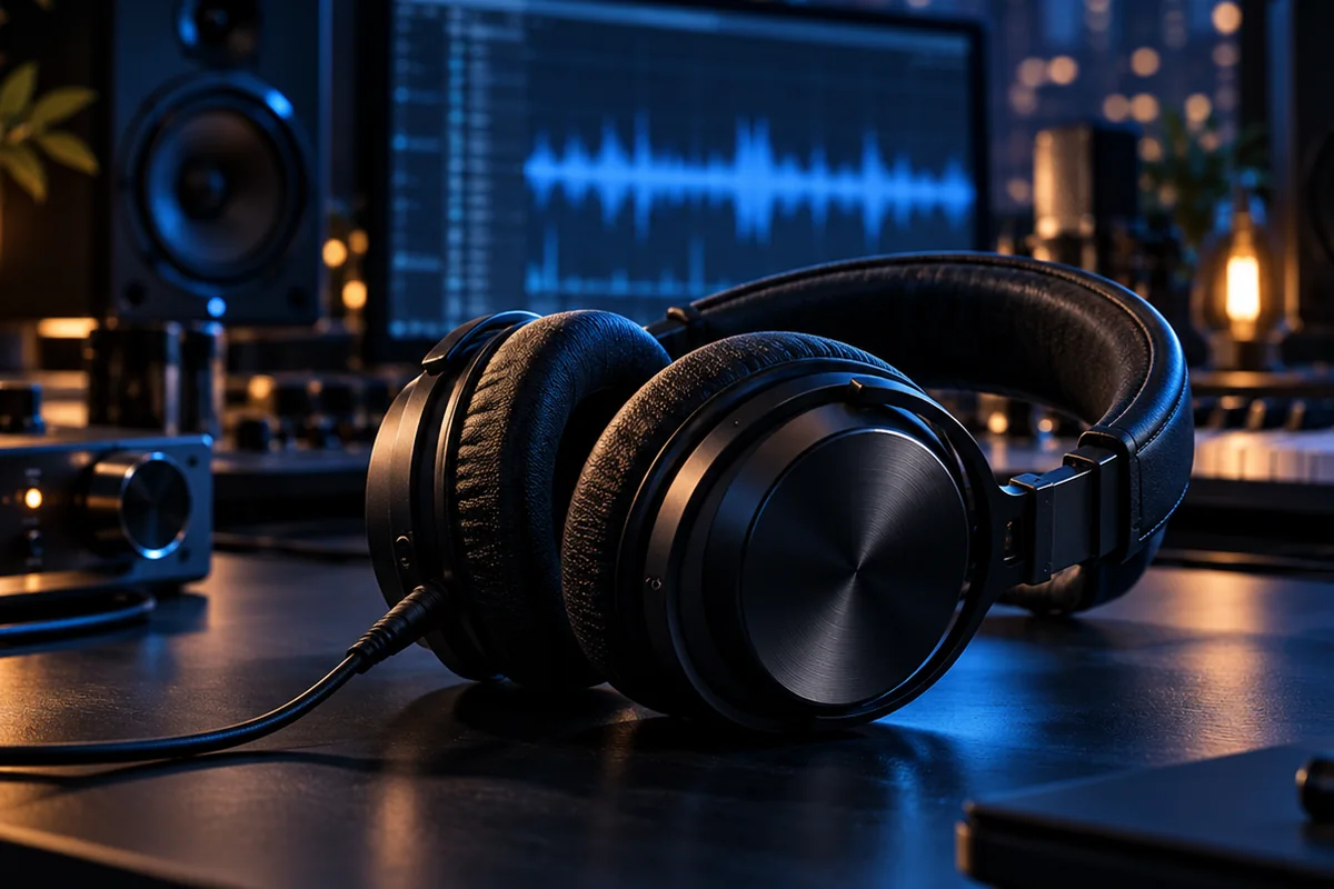 Casque de studio posé devant un écran affichant une forme d’onde